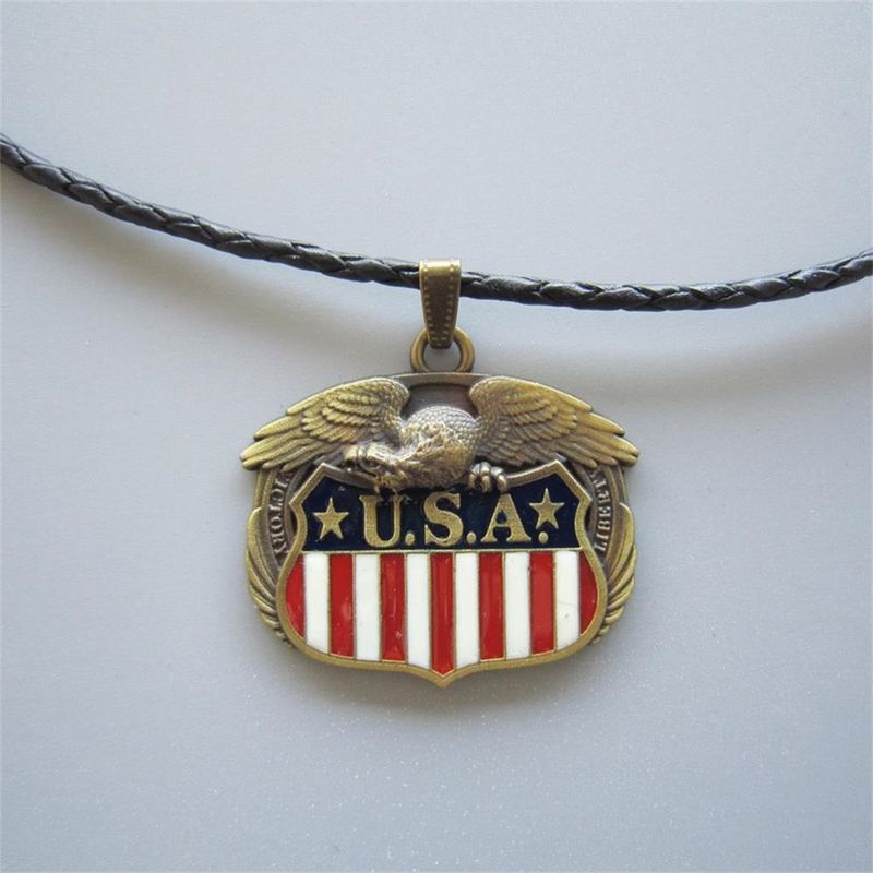 Antique Bronze Plated Fly Eagle Flag Metal Charm Pendant Leather Necklace NECKLACE-3D040AB