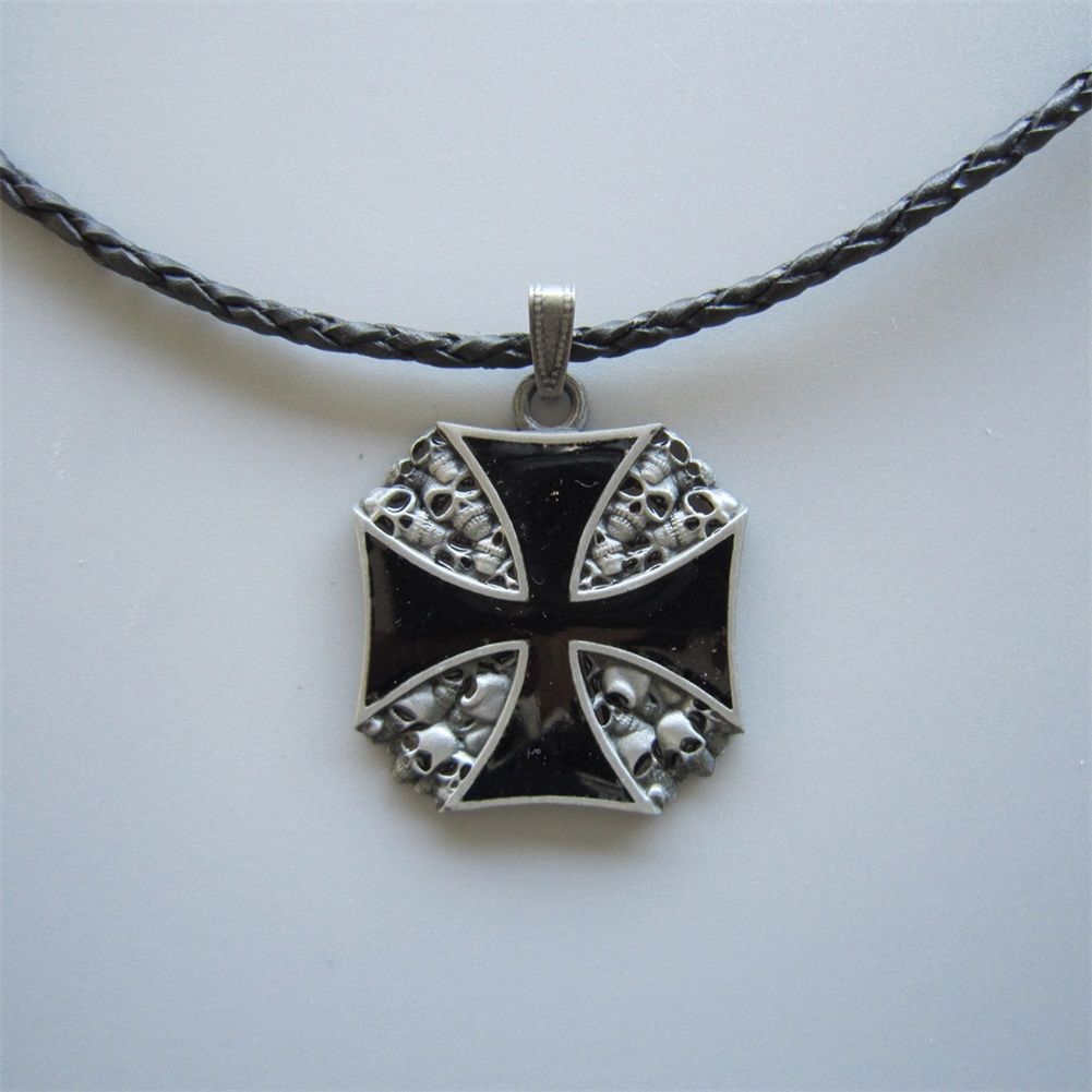 Vintage Cross W Skulls Metal Charm Pendant Leather Necklace