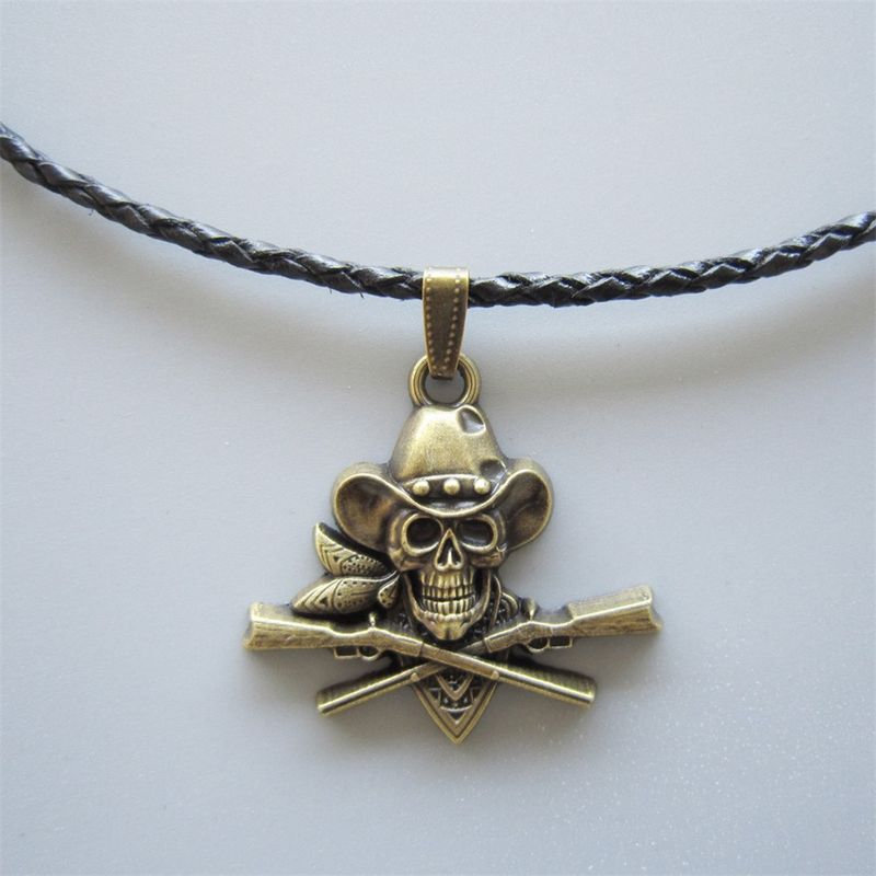 Antique Bronze Plated Skull Pirate Cowboy Western Metal Charm Pendant Leather Necklace NECKLACE-SK036AB