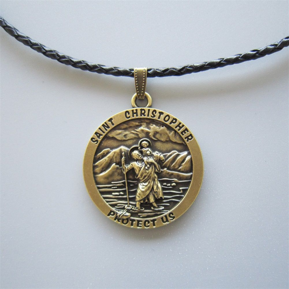 Vintage Bronze Plated Saint Christopher Metal Charm Pendant Leather Necklace