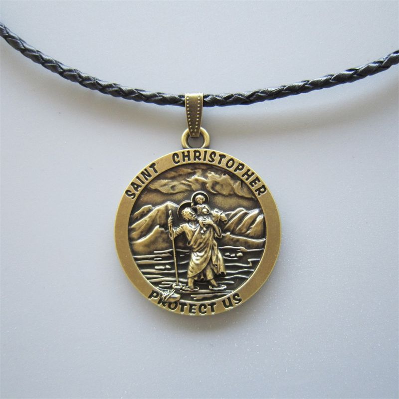 Vintage Bronze Plated Saint Christopher Metal Charm Pendant Leather Necklace NECKLACE-OC035AB