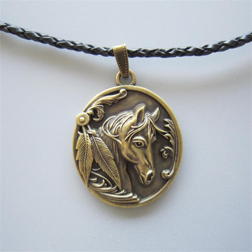Antique Bronze Plated Western Horse Oval Metal Charm Pendant Leather Necklace NECKLACE-WT057AB