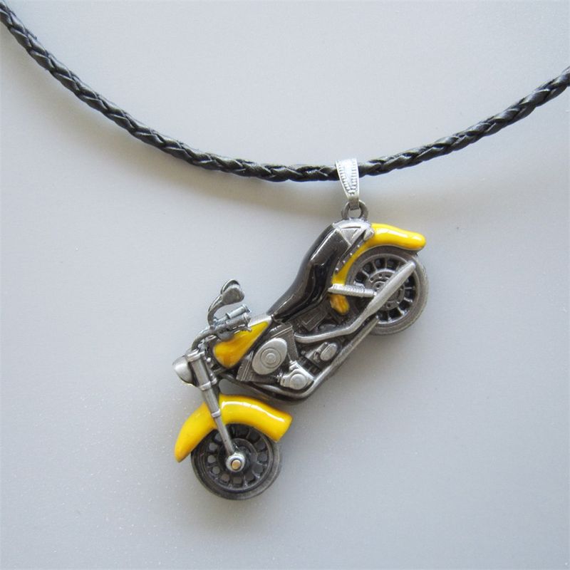 Motorcycle Rhinestone Spinner Metal Charm Pendant Leather Necklace NECKLACE-AT058