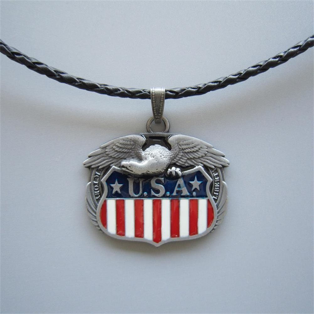 Fly Eagle Flag Metal Charm Pendant Leather Necklace