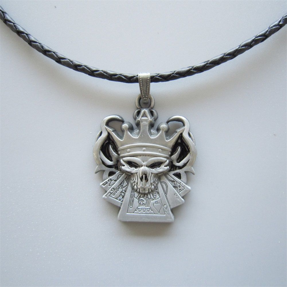 Crown Skull Metal Charm Pendant Leather Necklace