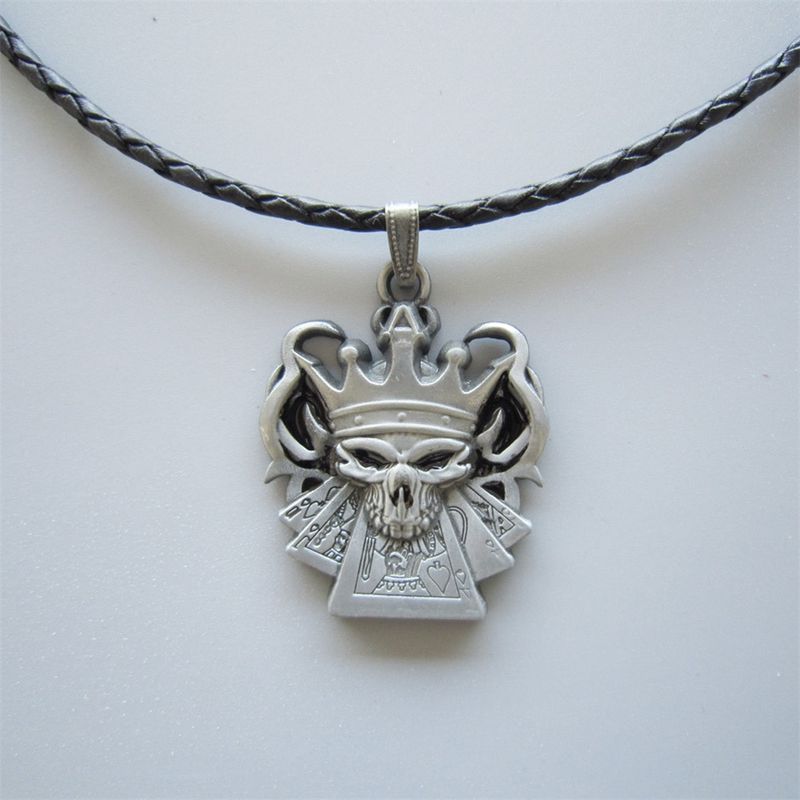 Crown Skull Metal Charm Pendant Leather Necklace NECKLACE-SK012