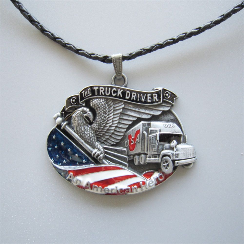 American Hero Truck Driver Metal Charm Pendant Leather Necklace NECKLACE-3D041