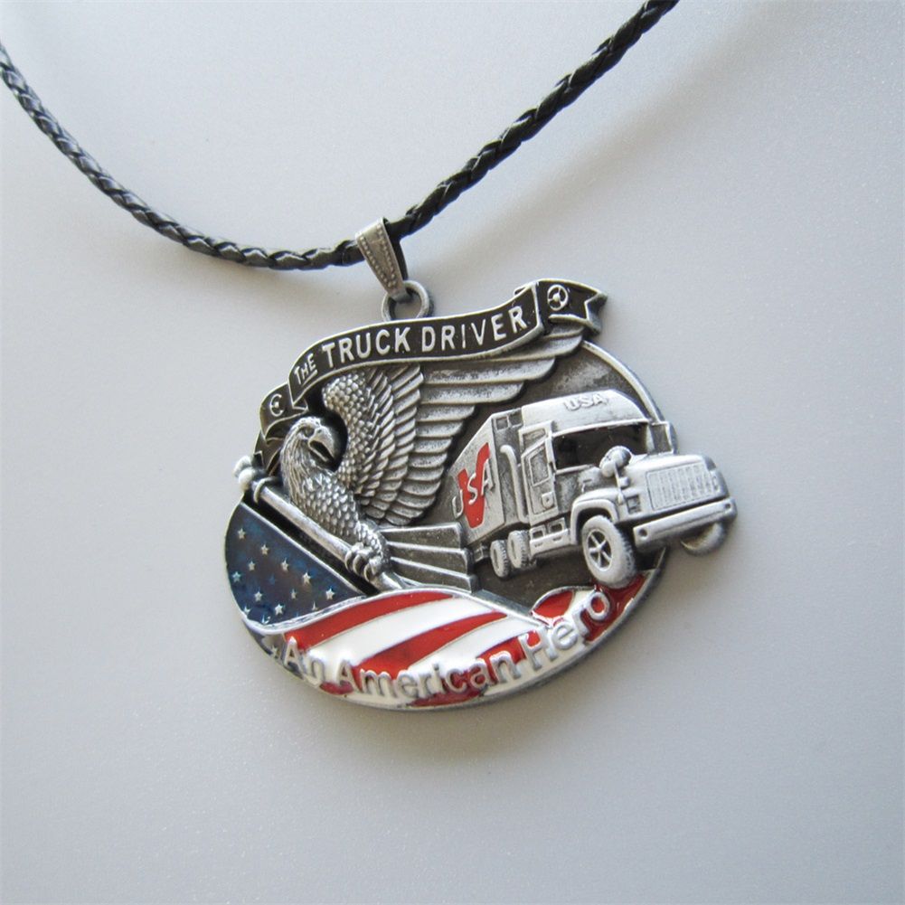 American Hero Truck Driver Metal Charm Pendant Leather Necklace