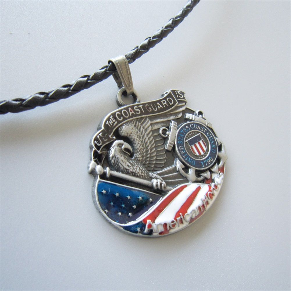 American Hero Coast Guard Metal Charm Pendant Leather Necklace