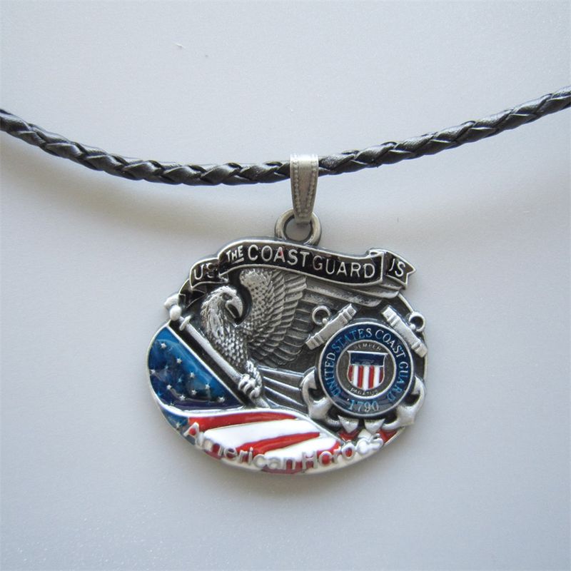 American Hero Coast Guard Metal Charm Pendant Leather Necklace NECKLACE-3D038