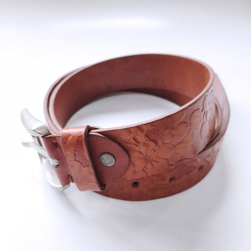Classic Brown Plum Flower and Leaf Embossed Carved Real Leather Belt