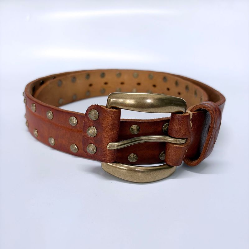 Copper Rivets Brown Genuine Leather Belt With Brass Pin Buckle BELT1-019ZW