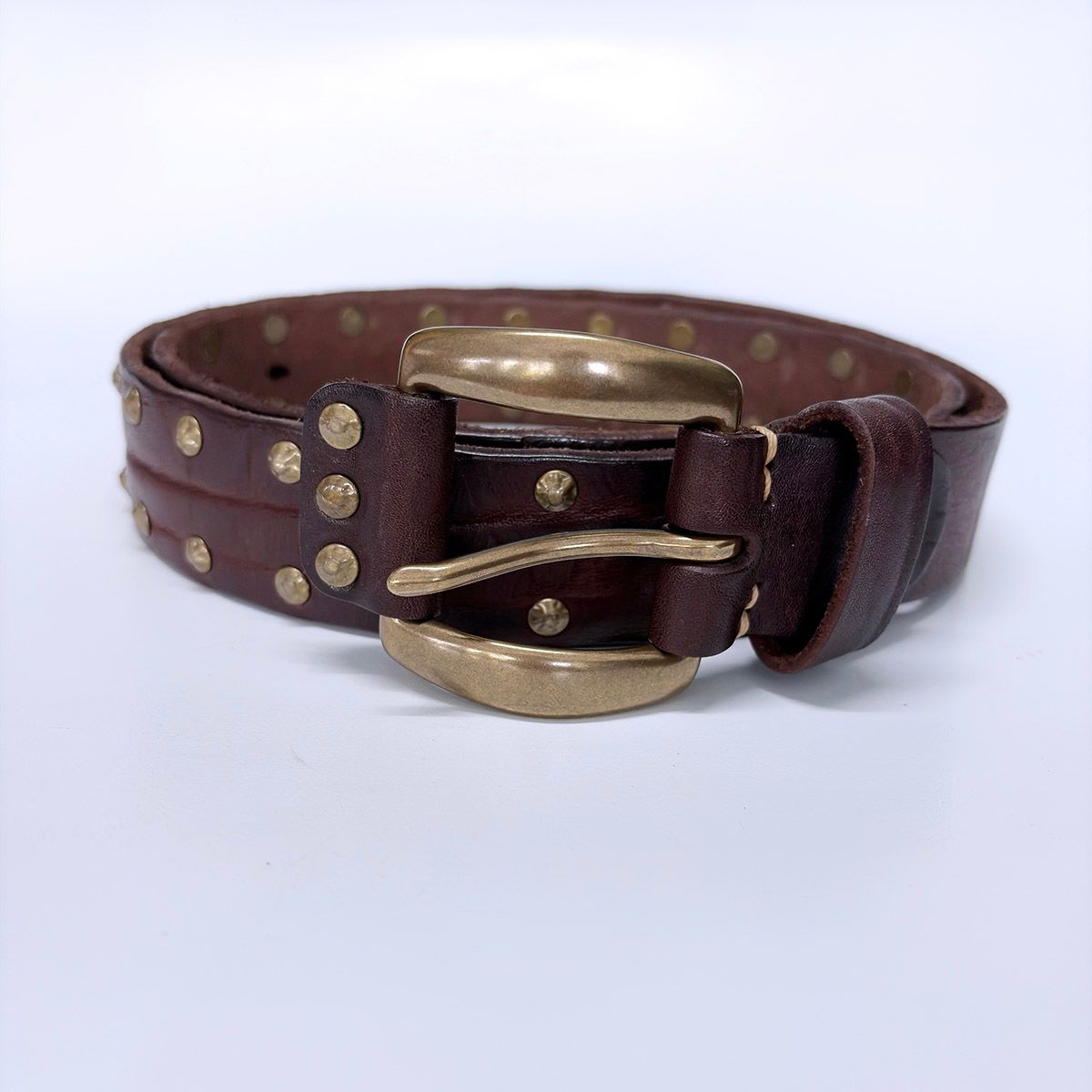 Copper Rivets Dark Coffee Genuine Leather Belt With Brass Pin Buckle BELT1-019BW