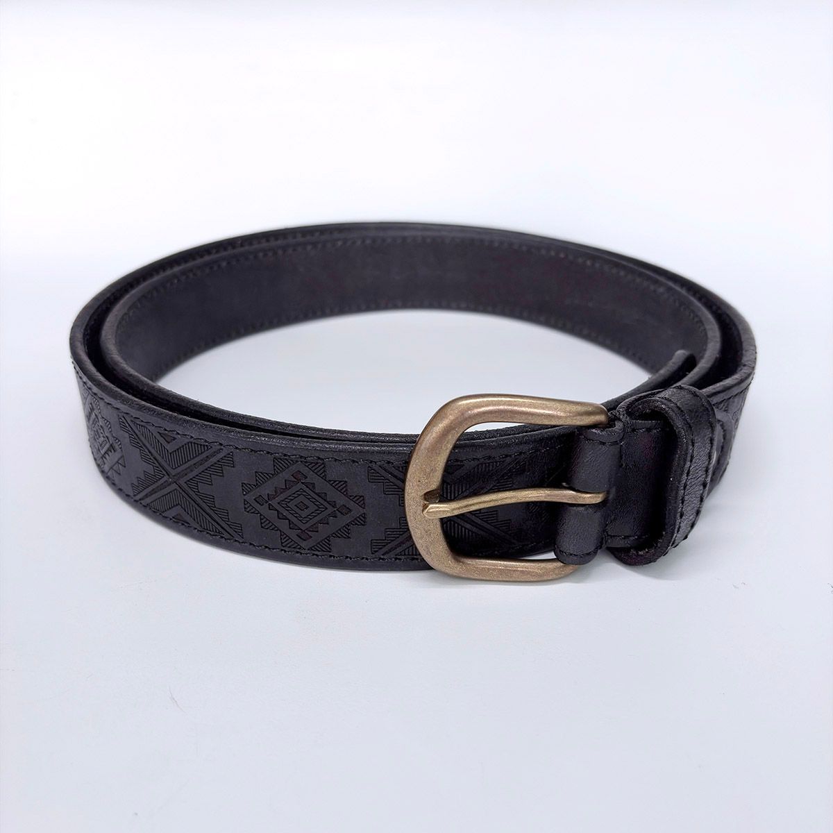 Western Southwest Laser Engrave Black Genuine Leather Belt With Solid Brass Pin Buckle BELT1-027BK