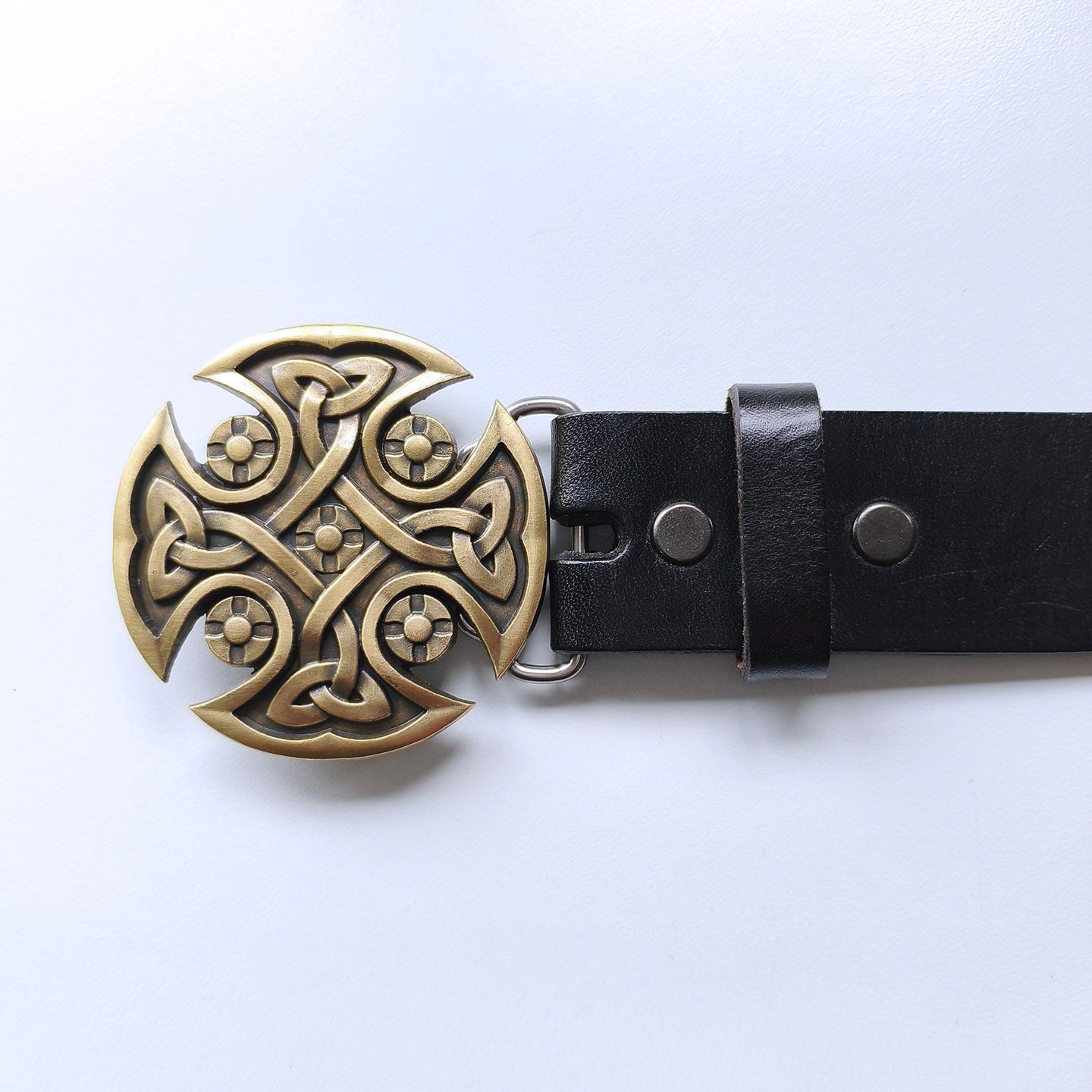 Bronze Plated Round Celtic Keltic Cross Knot Belt Buckle W Black Genuine Leather Belt