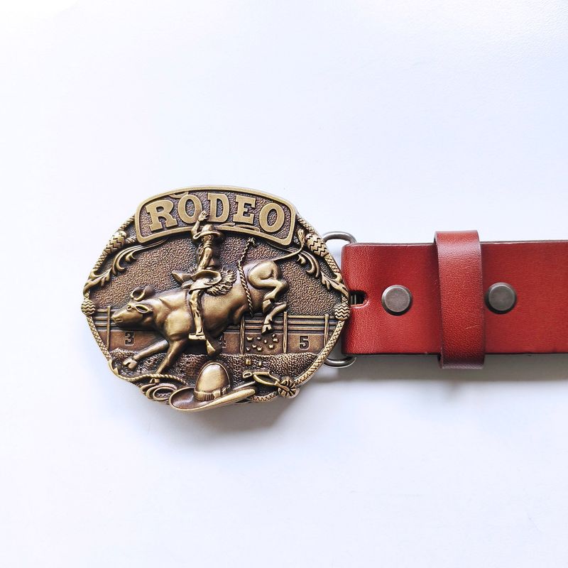 Bronze Plated Cowboy Rodeo Bull Race Western Belt Buckle W Brown Genuine Leather Belt BELT-ZW-WT085AB