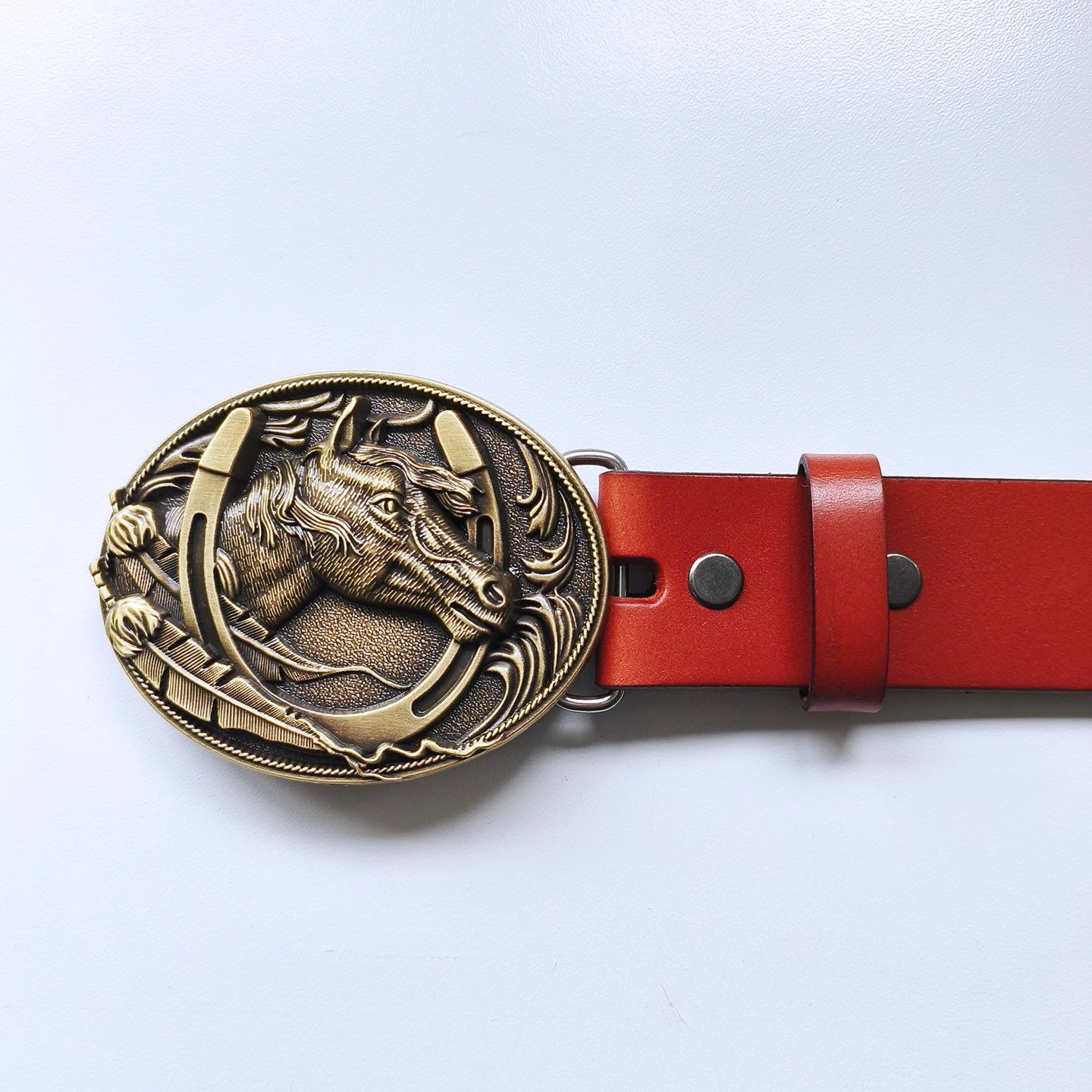 Bronze Plated Horse HorseShoe Oval Belt Buckle W Brown Genuine Leather Belt G��rtel