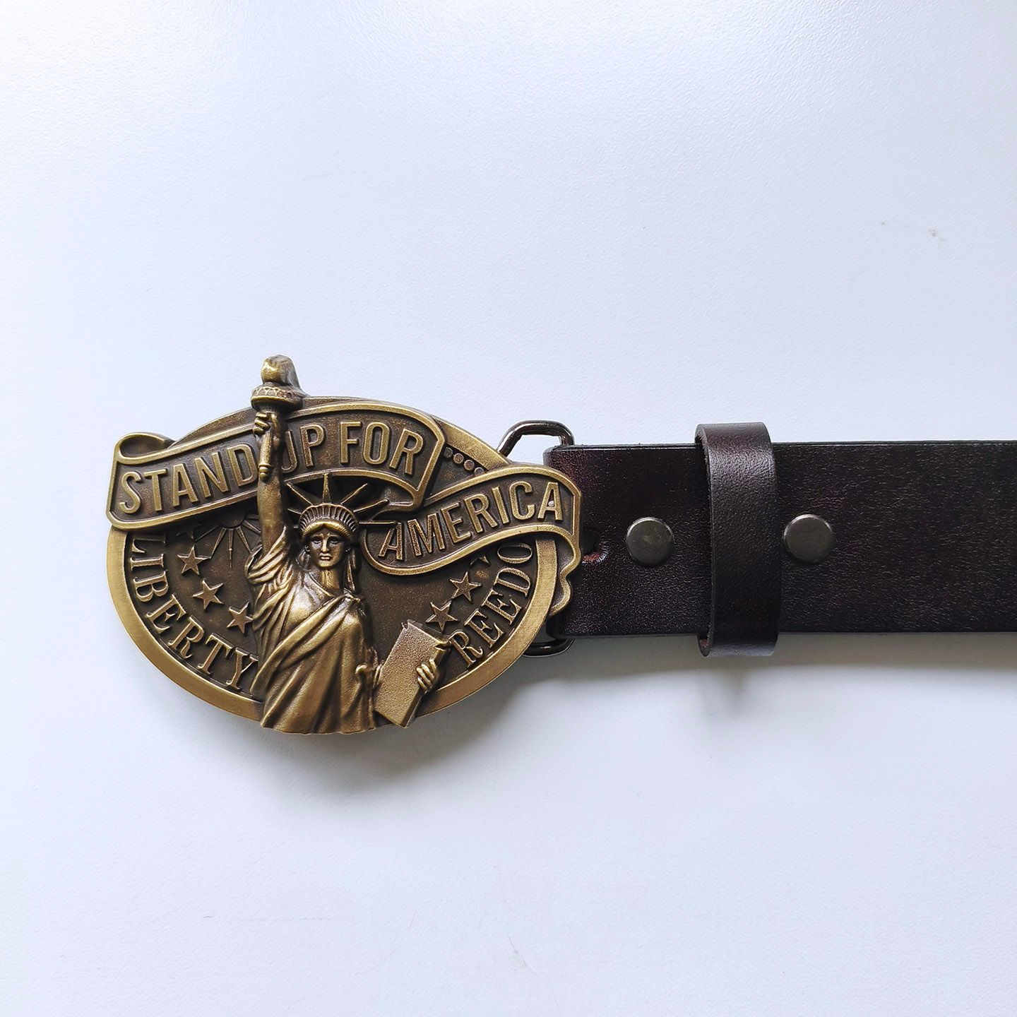 Bronze Plated Stand Up for America Belt Buckle W Dark Coffee Color Genuine Leather Belt G��rtel