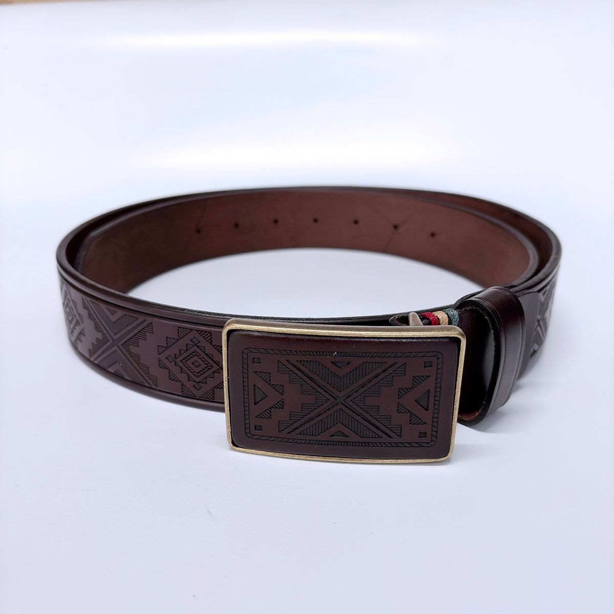 Western Southwest Laser Engrave Dark Coffee Genuine Leather Belt With Solid Brass Buckle BELT1-028BW