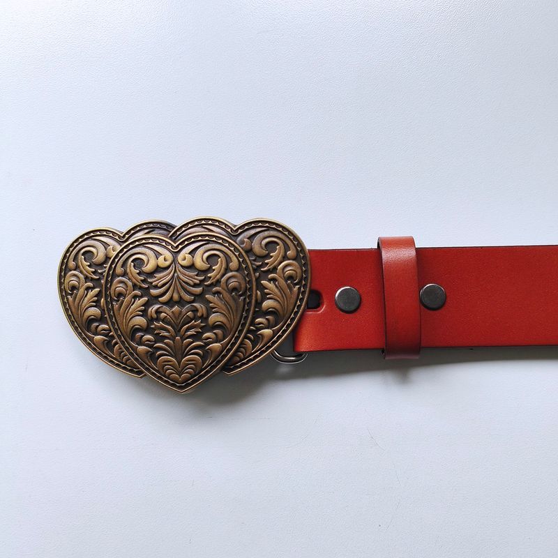 Bronze Plated Triple Heart Love Belt Buckle W Brown Genuine Leather Belt G��rtel