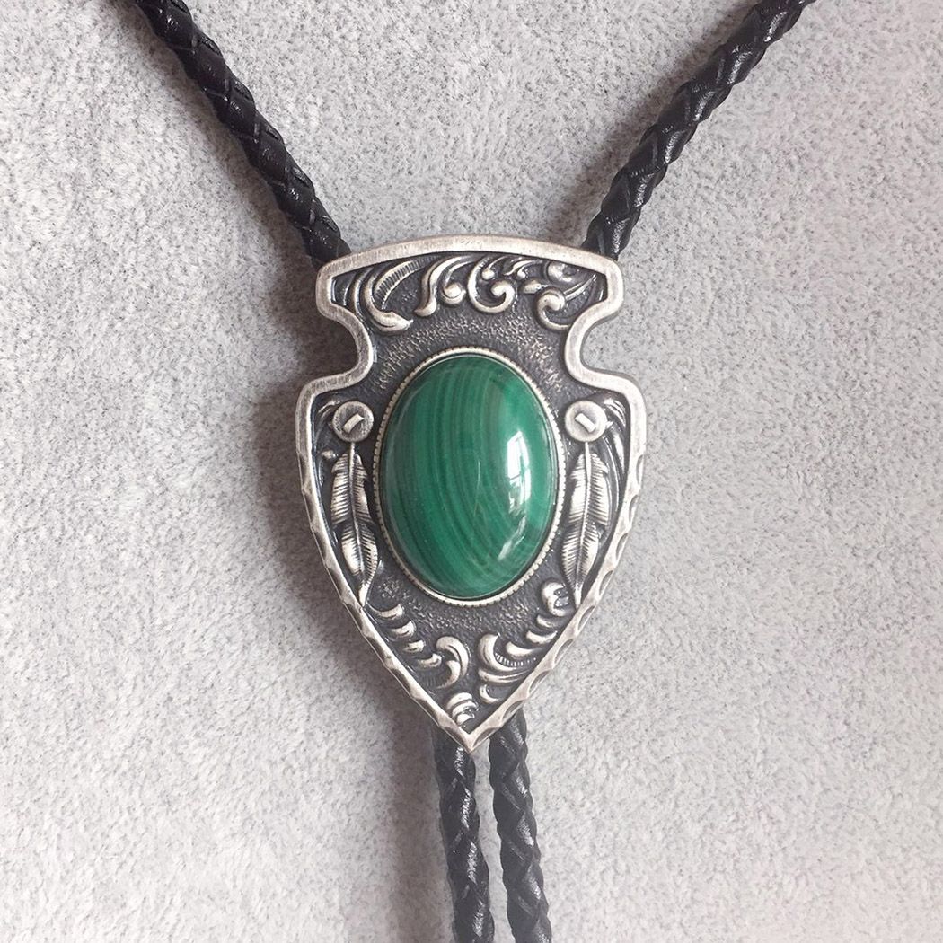 Vintage Silver Plated Arrow Nature Malachite Stone Bolo Tie Leather Necklace BOLOTIE-020