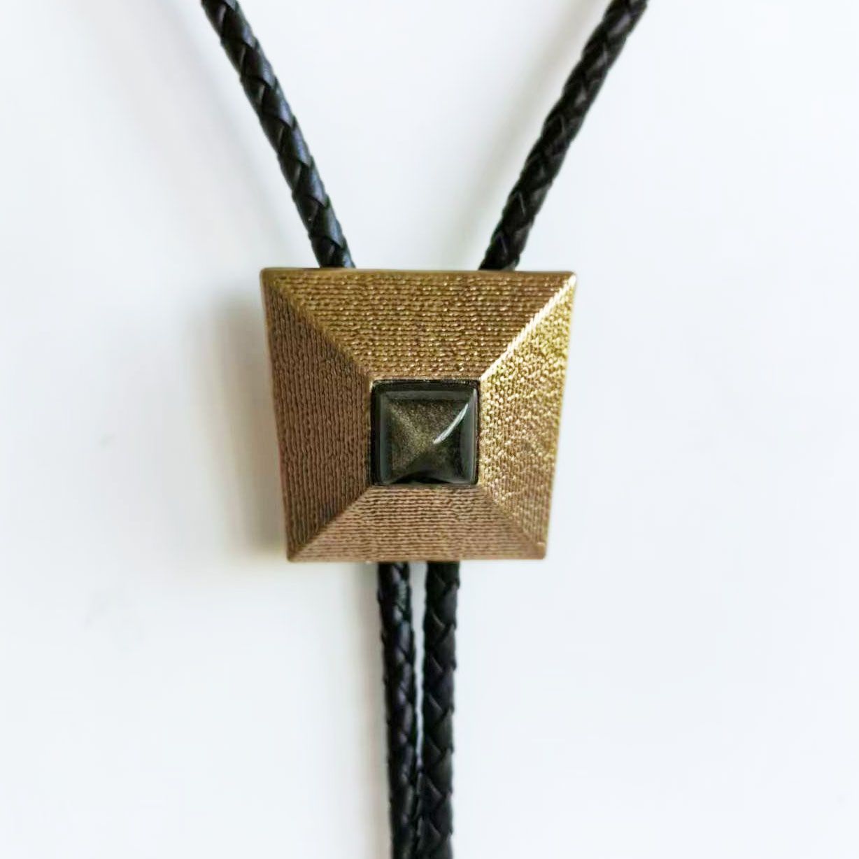 Antique Gold Plated Nature Gold Obsidian Stone Window of Pyramid Bolo Tie BOLOTIE-017B