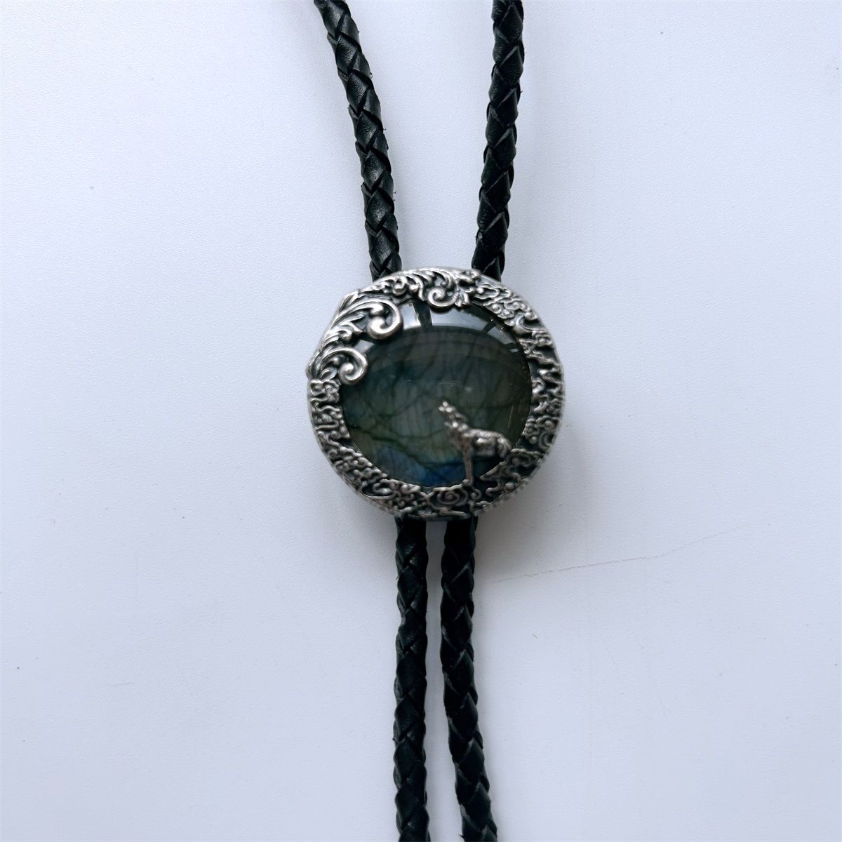 Nature Labradorite Stone Moon Wolf Oval Wedding Bolo Tie BOLOTIE-012SL