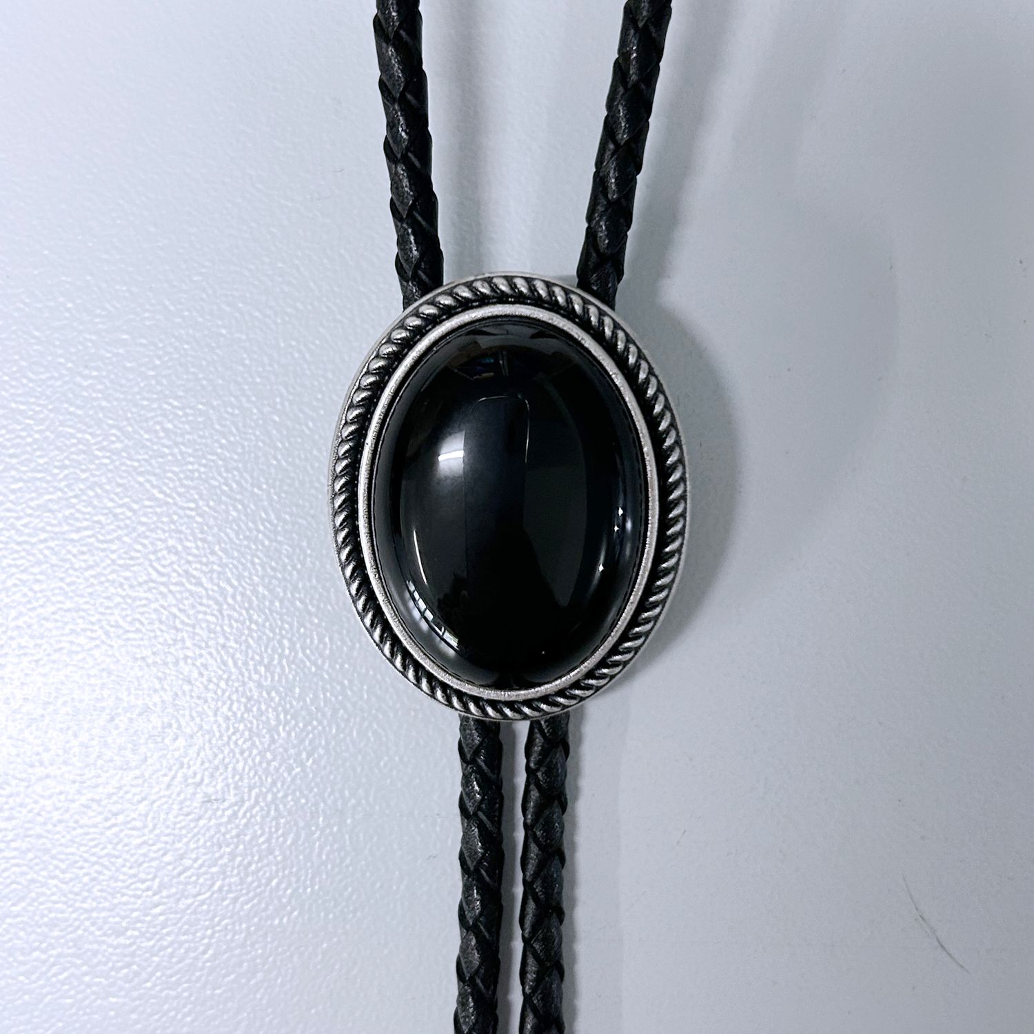 Nature Black Obsidian Stone Oval Bolo Tie With Genuine Leather Rope BT-069SL