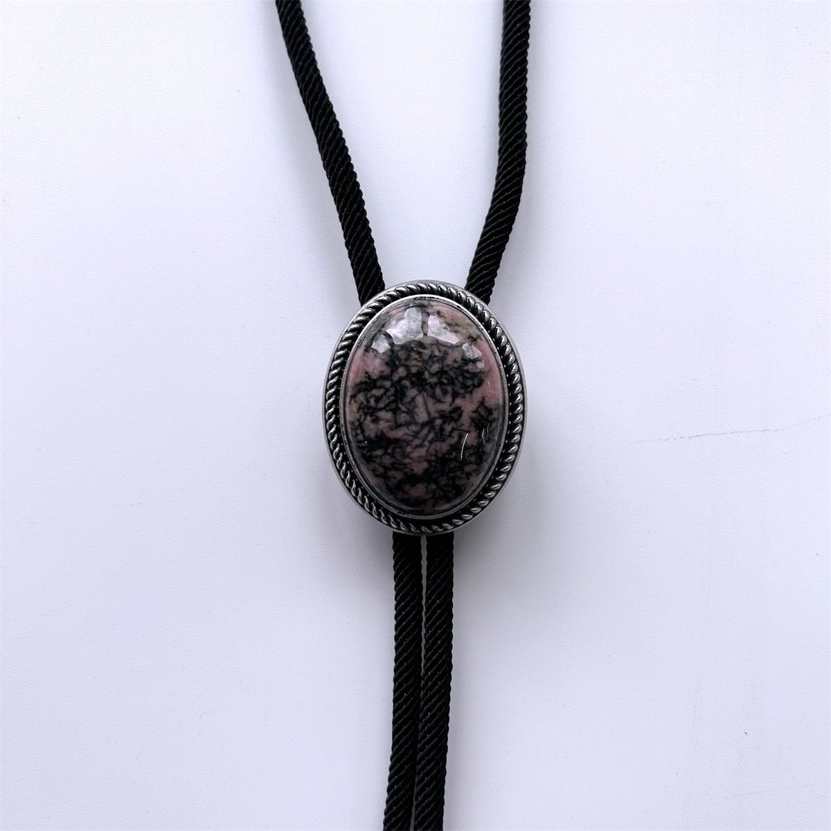 Vintage Silver Nature Rhodonite Stone Oval Bolo Tie With Fiber Rope BOLOTIE-041
