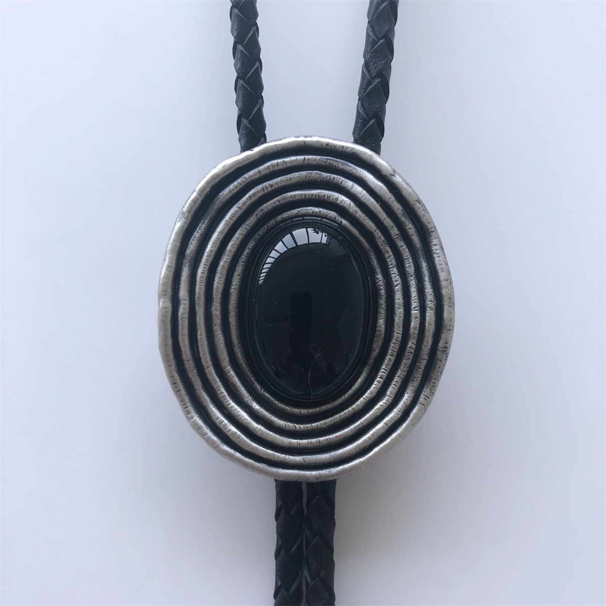 Vintage Style Silver Plated Nature Black Obsidian Stone Bolo Tie BOLOTIE-015SL