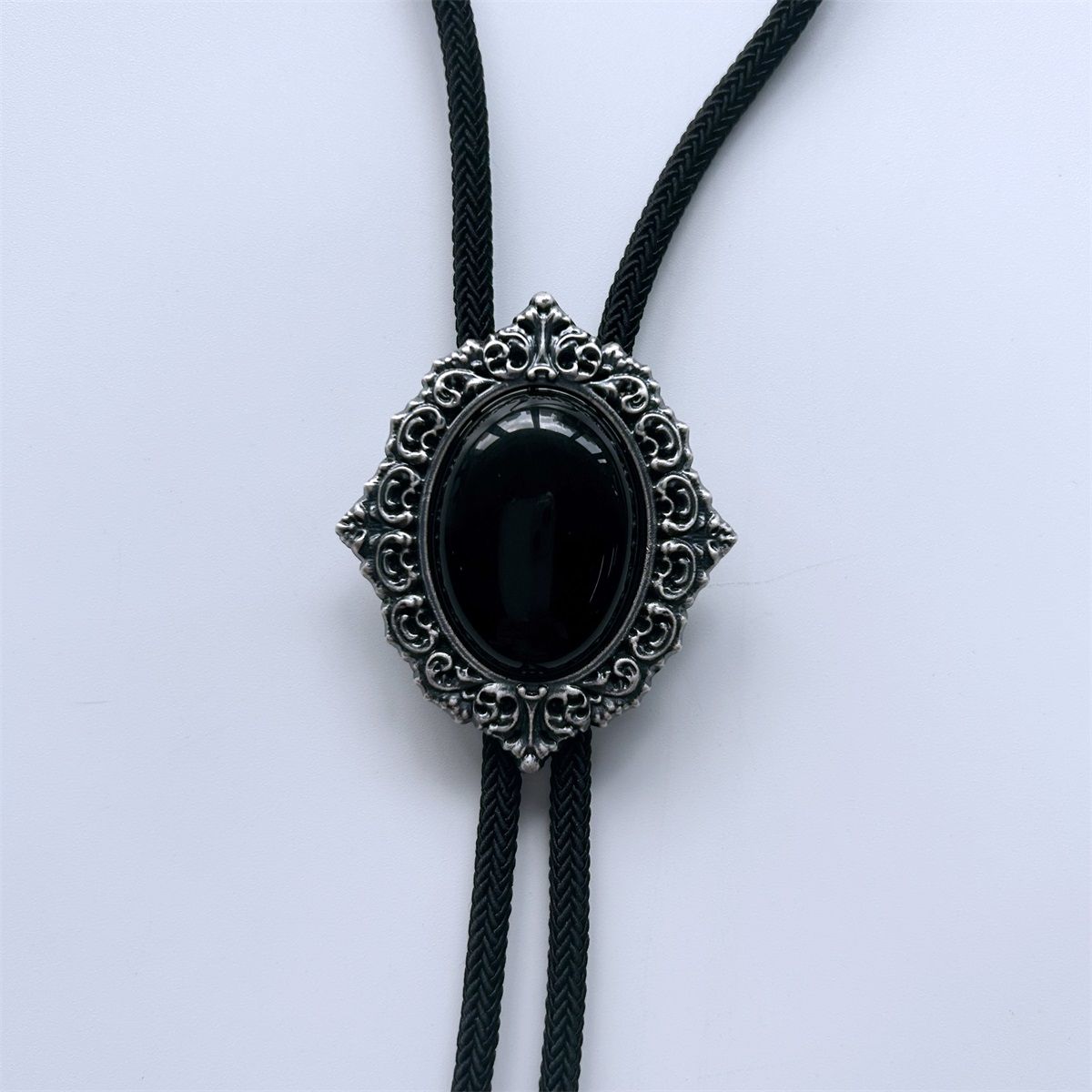 Vintage Silver Nature Black Obsidian Stone Magic Mirror Bolo Tie BOLOTIE-079HY