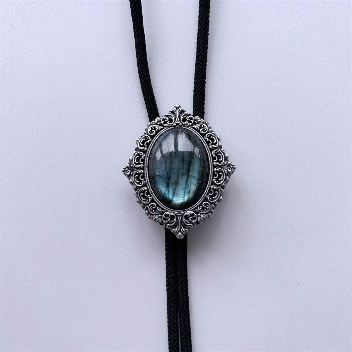 Vintage Silver Nature Labradorite Stone Magic Mirror Bolo Tie BOLOTIE-079LC
