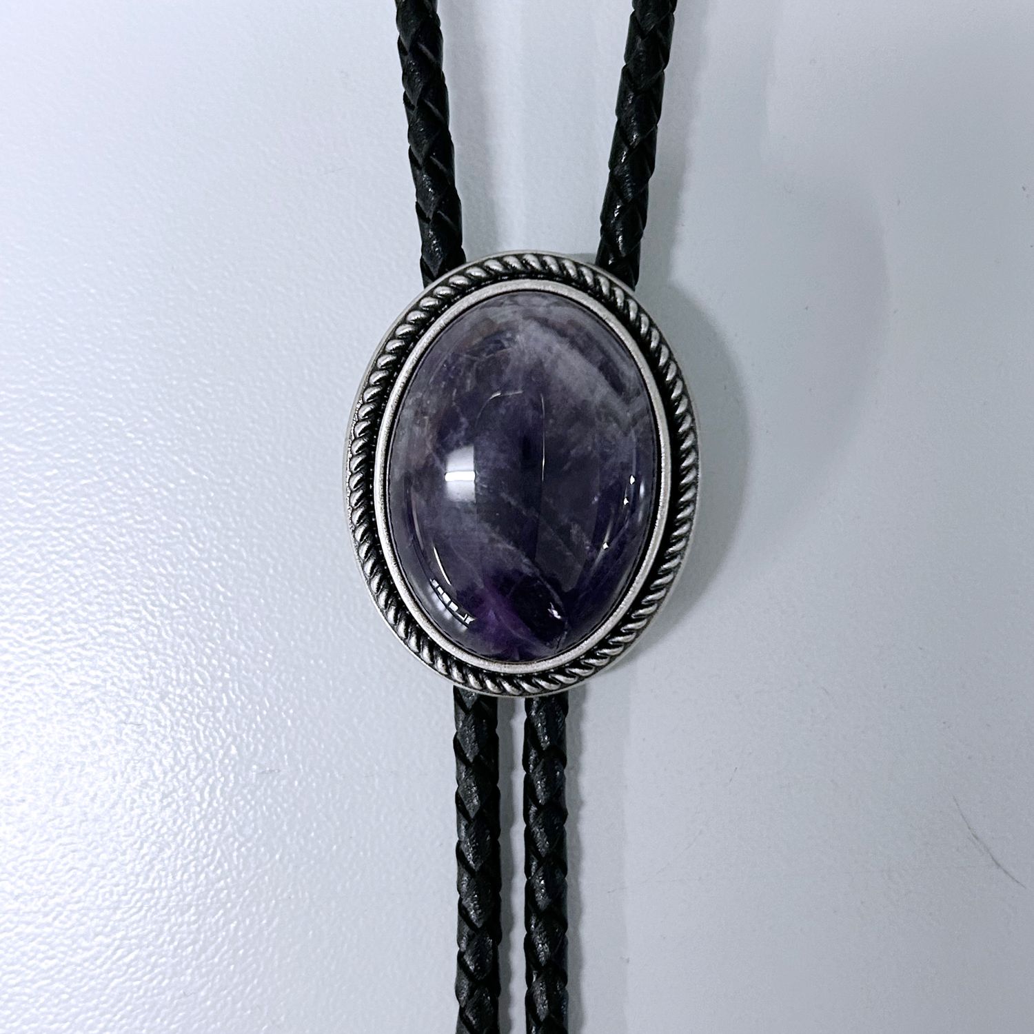 Nature Brazil Amethyst Stone Bolo Tie With Genuine Leather Rope BT-049SL