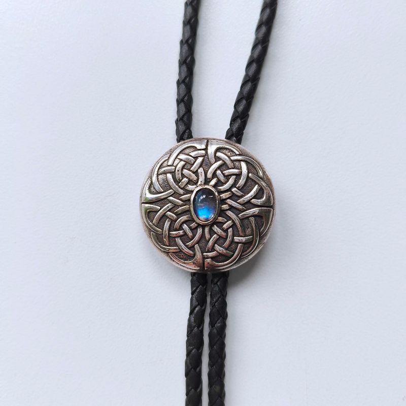 Celtic Cross Knot With Nature MoonStone Sterling Silver Bolo Tie BOLOTIE-S003