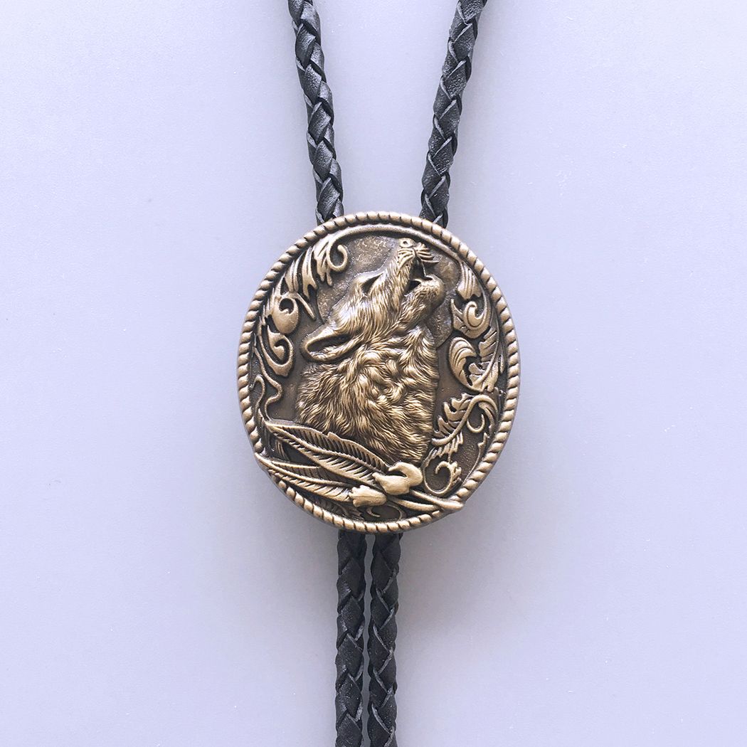Vintage Bronze Plated Western Wolf Bolo Tie Wedding Leather Necklace BOLOTIE-WT013AB