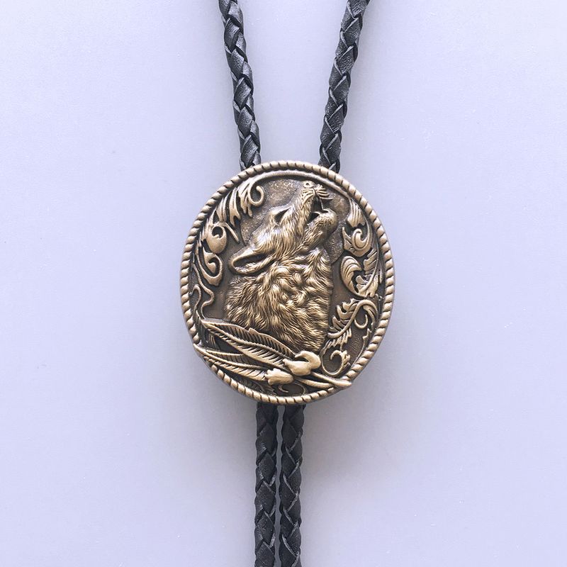 Vintage Bronze Plated Western Wolf Bolo Tie Wedding Leather Necklace BOLOTIE-WT013AB