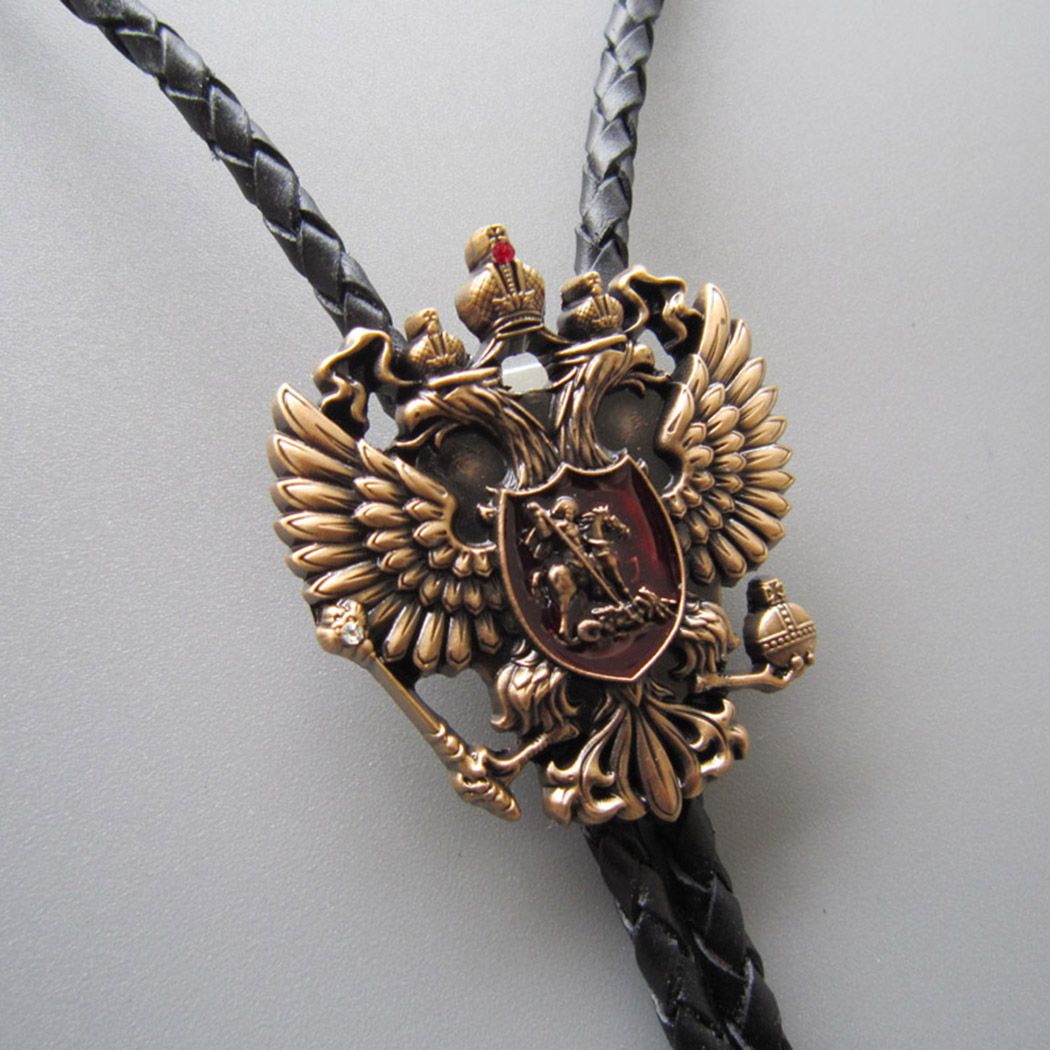 Antique Gold Russian Double Headed Empire Eagle Rhinestone Wedding Bolo Tie Leather Necklace BOLOTIE-WT041AG
