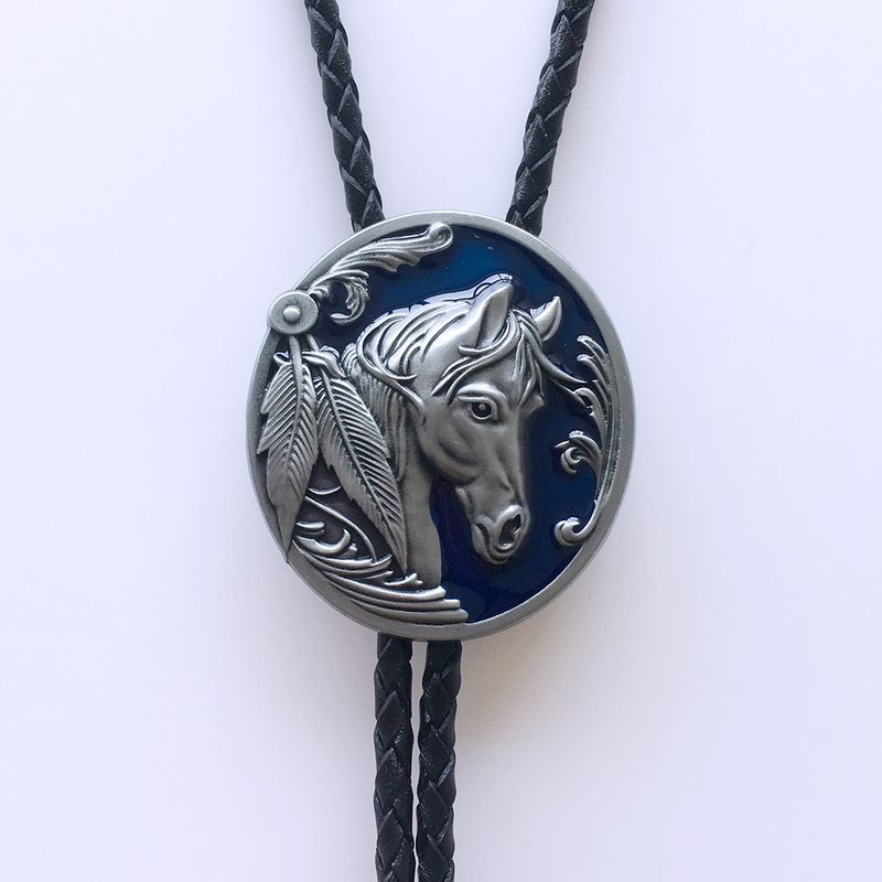 Vintage Blue Enamel Western Horse Head Oval Bolo Tie BOLOTIE-WT057BL