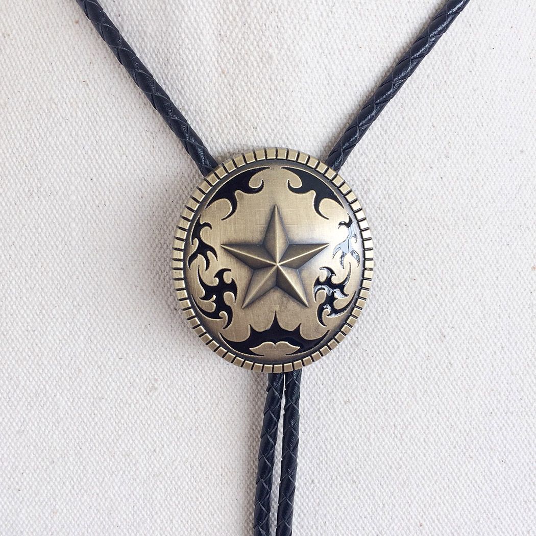 Vintage Bronze Plated Western Oval Star Wedding Bolo Tie Leather Necklace BOLOTIE-WT014AB