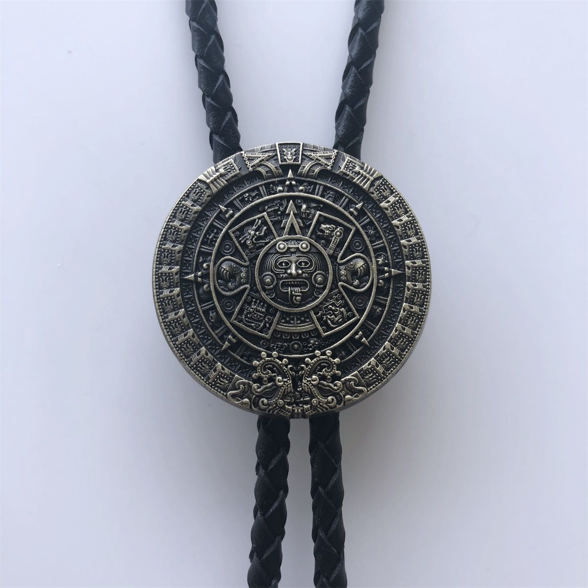 Antique Bronze Plated Aztec Calendar Wedding Bolo Tie Leather Necklace BOLOTIE-WT126AB