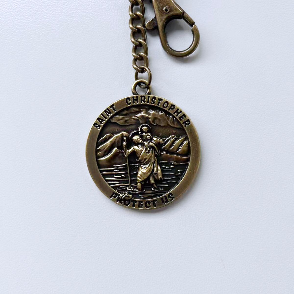 Vintage Bronze Plated Saint Christopher Religion Metal Charm Pendant Key Ring Key Chain KEYRING-OC035AB