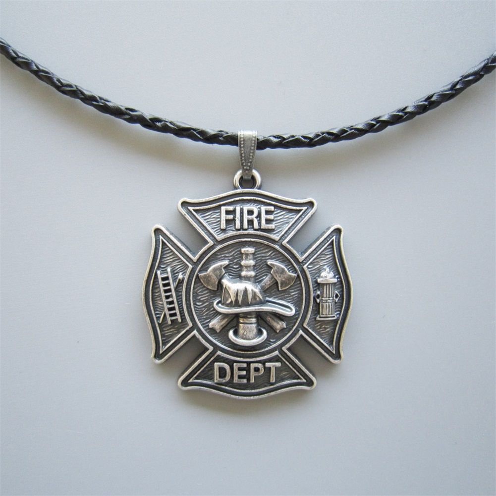 Silver Plated Hero Firefighter Fire Dept Charm Leather Necklace