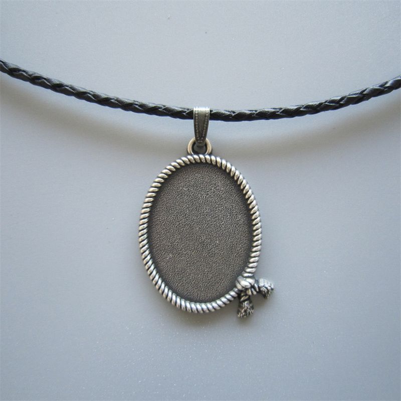 Vintage Silver Plated Western Rodeo Rope Oval Blank Pendant Charm Leather Necklace NECKLACE-BL013SL