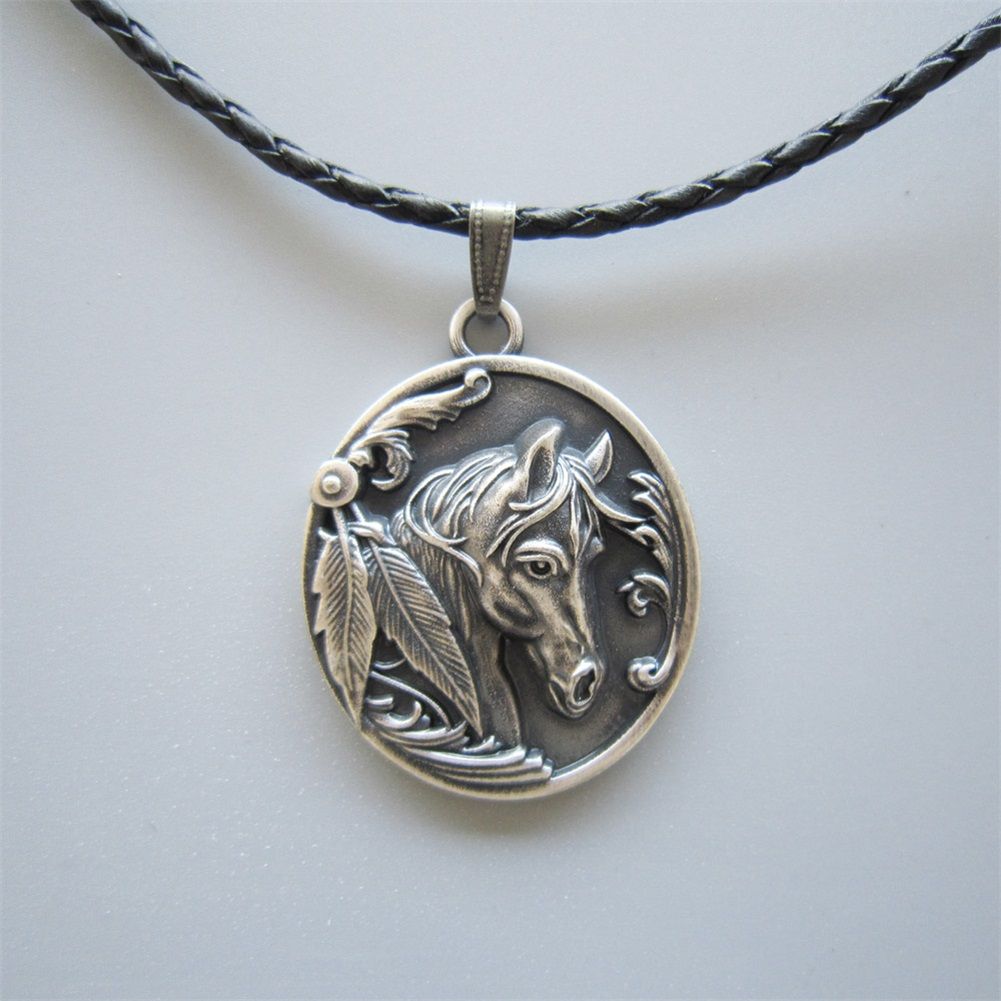 Antique Silver Plated Western Horse Oval Metal Charm Pendant Leather Necklace NECKLACE-WT057SL