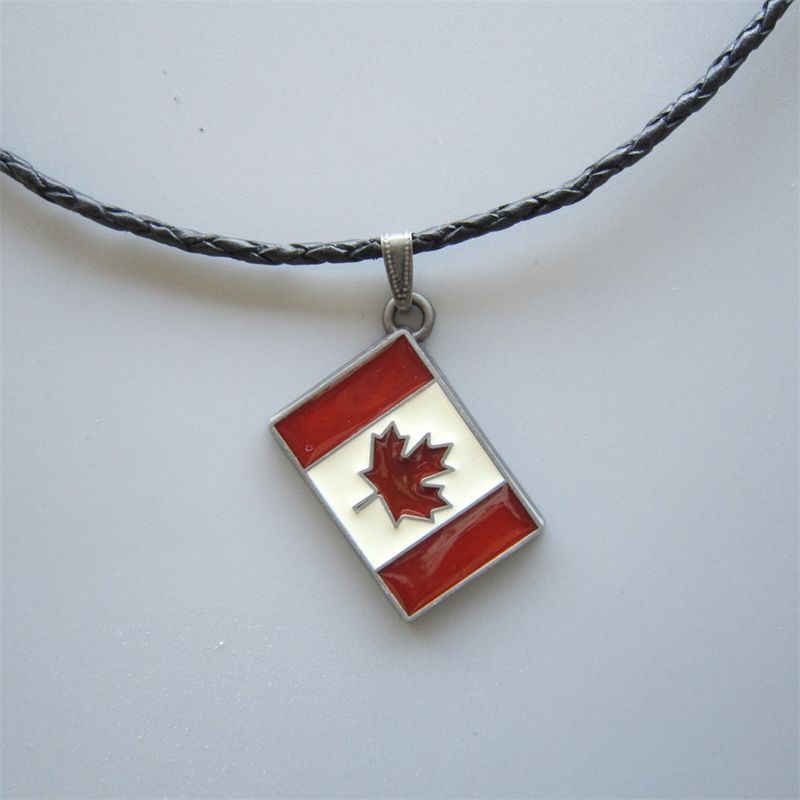 Enamel Canada Flag Charm Pendant Wedding Leather Necklace NECKLACE-T031