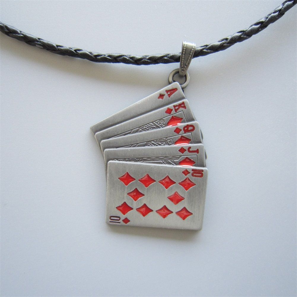 Red Enamel Royal Flush Poker Card Metal Charm Pendant Leather Necklace