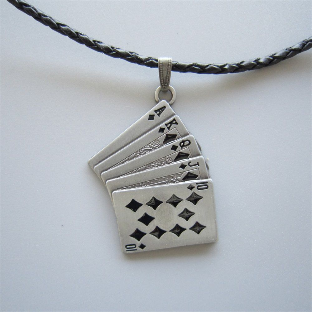 Blacke Enamel Royal Flush Poker Card Metal Charm Pendant Leather Necklace