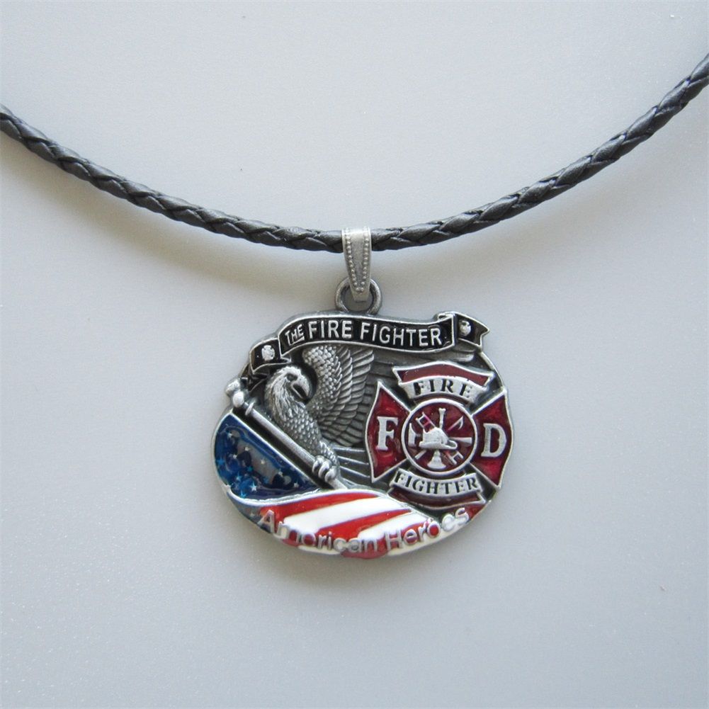 Jean's Friend New Hero Fire Firefighter Metal Charm Pendant Leather Necklace