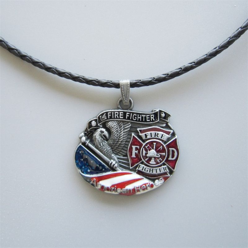 New Hero Fire Firefighter Metal Charm Pendant Leather Necklace NECKLACE-3D039