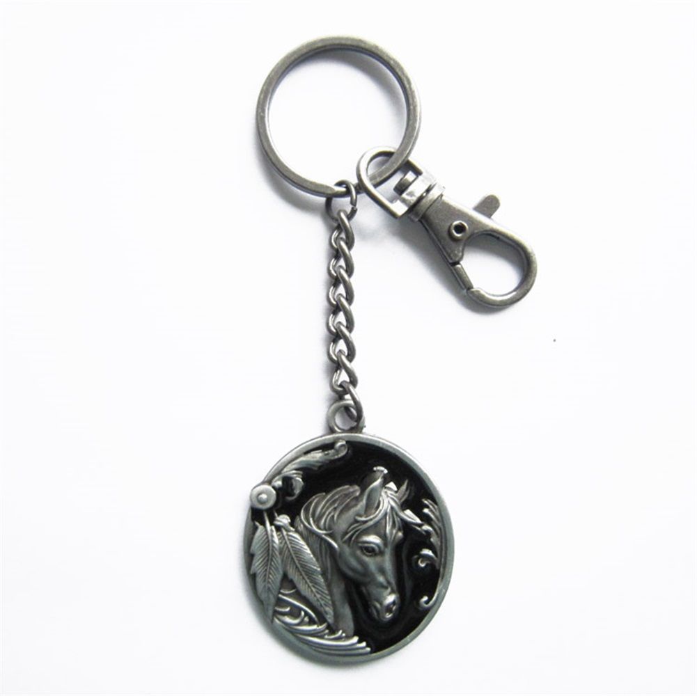 Vintage Black Enamel Western Horse Metal Pendant Charm Oval Key Ring Key Chain KEYRING-WT057BK